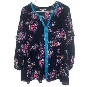 The Pioneer Woman XL Floral Print Black Blouse With Blue Trim & Long Sleeves Boh